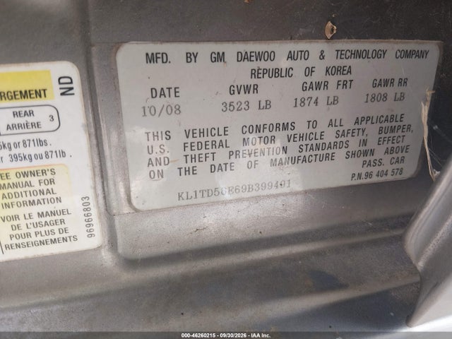 46260215 :رقم المزاد ، KL1TD56E69B399491 vin ، 2009 Chevrolet Aveo Lt مزاد بيع