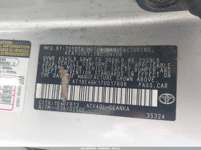 Продаж на аукціоні авто 2007 Toyota Camry Le, vin: 4T1BE46K17U017608, номер лоту: 46260219