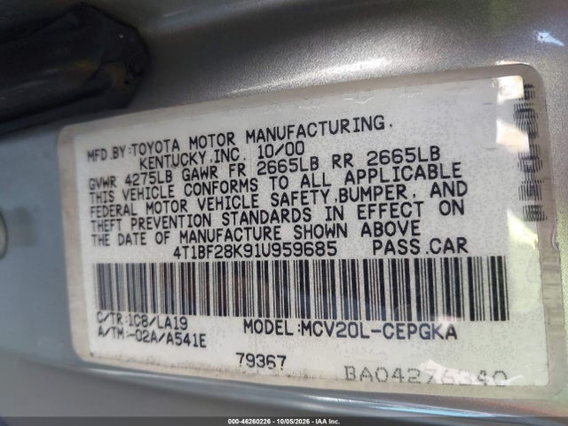 Aukcja sprzedaży 2001 Toyota Camry Xle V6, vin: 4T1BF28K91U959685, numer aukcji: 46260226