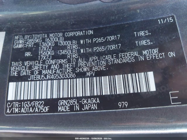 Aukcja sprzedaży 2016 Toyota 4runner Sr5, vin: JTEBU5JR4G5303086, numer aukcji: 46260230