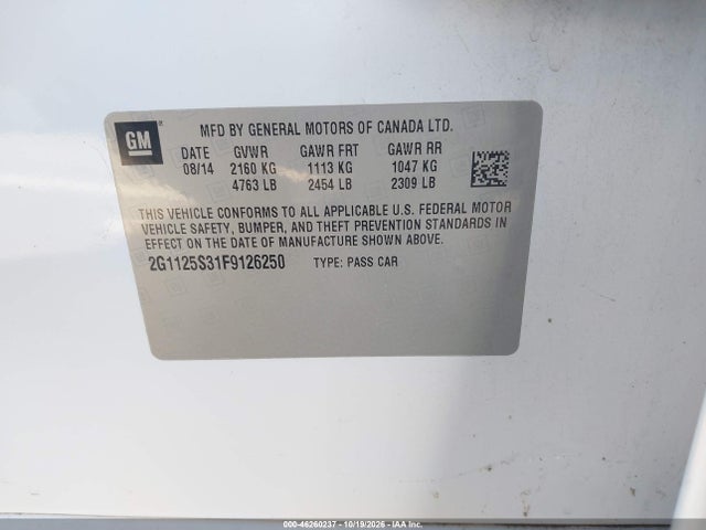 Продажа на аукционе авто 2015 Chevrolet Impala 2lt, vin: 2G1125S31F9126250, номер лота: 46260237