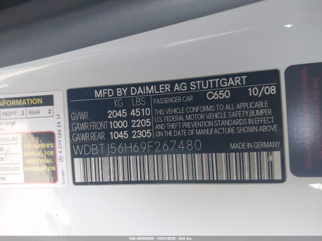 46260289 :رقم المزاد ، WDBTJ56H69F267480 vin ، 2009 Mercedes-benz Clk 350 مزاد بيع