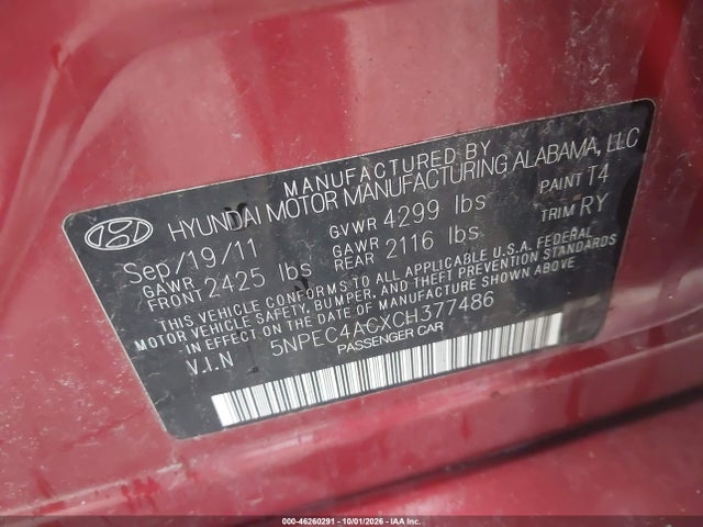 Auction sale of the 2012 Hyundai Sonata Se, vin: 5NPEC4ACXCH377486, lot number: 46260291