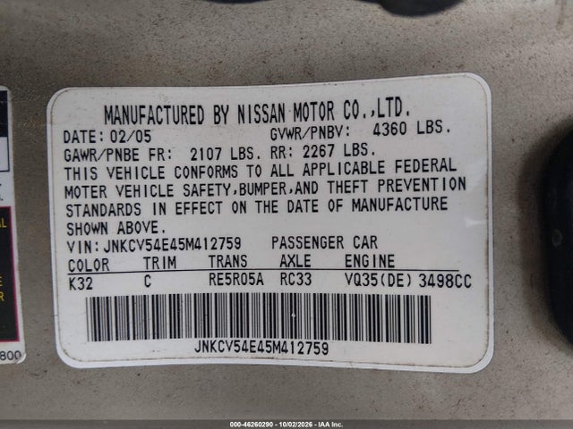 Продаж на аукціоні авто 2005 Infiniti G35, vin: JNKCV54E45M412759, номер лоту: 46260290