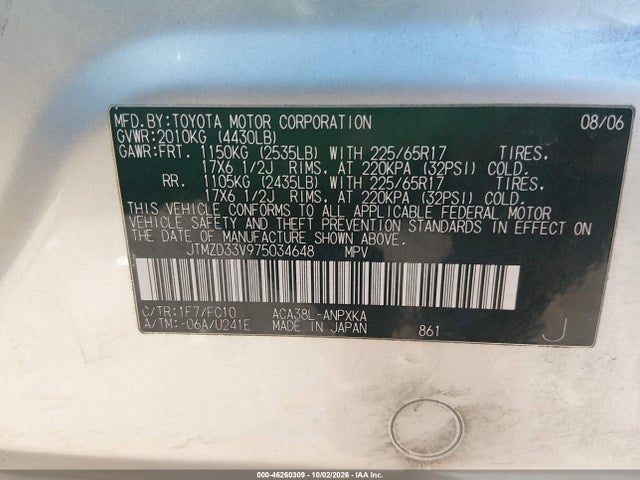 Aukcja sprzedaży 2007 Toyota Rav4, vin: JTMZD33V975034648, numer aukcji: 46260309