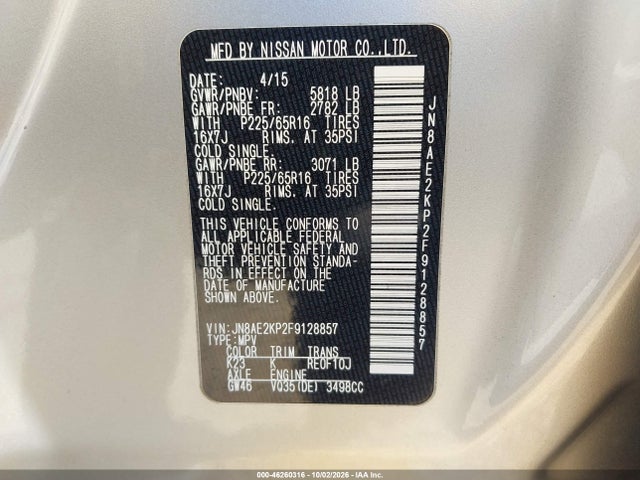 46260316 :رقم المزاد ، JN8AE2KP2F9128857 vin ، 2015 Nissan Quest Platinum/s/sl/sv مزاد بيع