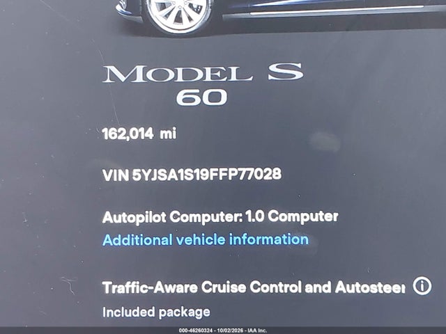 Продаж на аукціоні авто 2015 Tesla Model S 60/70/85, vin: 5YJSA1S19FFP77028, номер лоту: 46260324