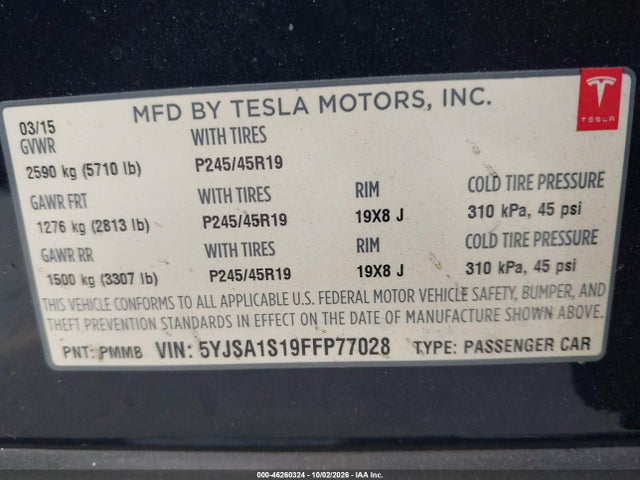 Продаж на аукціоні авто 2015 Tesla Model S 60/70/85, vin: 5YJSA1S19FFP77028, номер лоту: 46260324