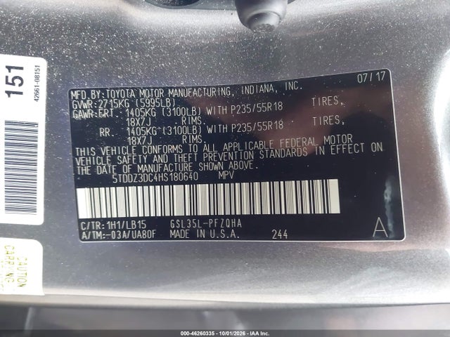46260335 :رقم المزاد ، 5TDDZ3DC4HS180640 vin ، 2017 Toyota Sienna Limited Premium 7 Passenger مزاد بيع