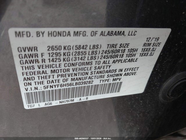 Aukcja sprzedaży 2020 Honda Pilot Awd Ex-l, vin: 5FNYF6H56LB039282, numer aukcji: 46260337
