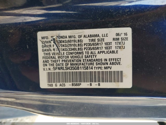 46260343 :رقم المزاد ، 5FNRL5H35GB115814 vin ، 2016 Honda Odyssey Se مزاد بيع
