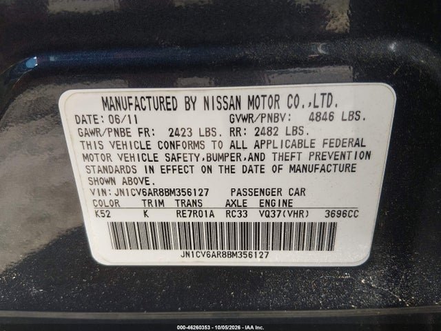 46260353 :رقم المزاد ، JN1CV6AR8BM356127 vin ، 2011 Infiniti G37x مزاد بيع