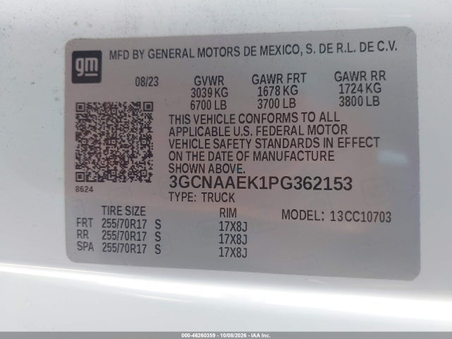 Aukcja sprzedaży 2023 Chevrolet Silverado 1500 2wd  Standard Bed Wt, vin: 3GCNAAEK1PG362153, numer aukcji: 46260359