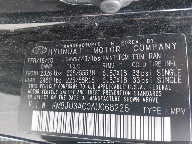 Продажа на аукционе авто 2010 Hyundai Tucson Limited, vin: KM8JU3AC0AU068226, номер лота: 46260366