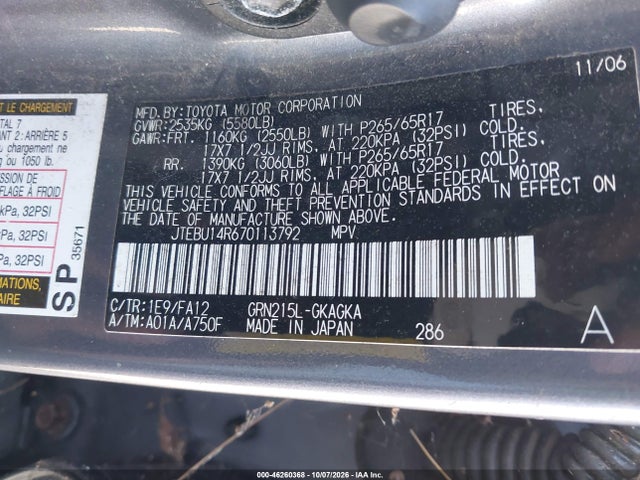 Продаж на аукціоні авто 2007 Toyota 4runner Sr5 V6, vin: JTEBU14R670113792, номер лоту: 46260368