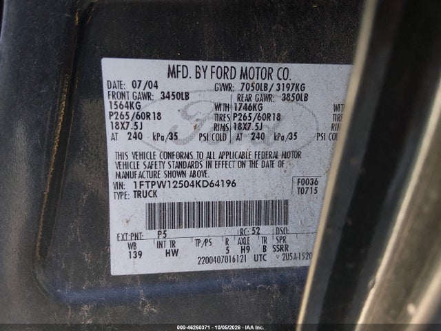2004 Ford F-150 Lariat/xlt მანქანა იყიდება აუქციონზე, vin: 1FTPW12504KD64196, აუქციონის ნომერი: 46260371