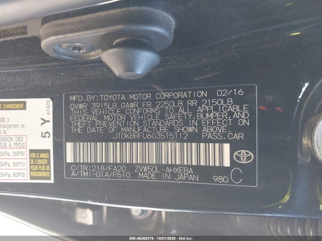 Aukcja sprzedaży 2016 Toyota Prius Two, vin: JTDKBRFU6G3515112, numer aukcji: 46260379