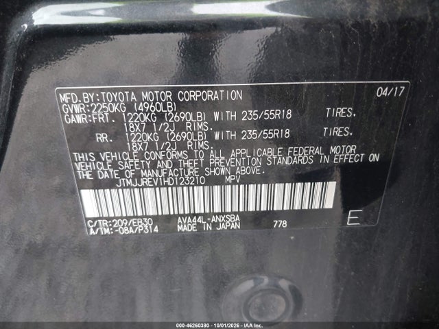 Aukcja sprzedaży 2017 Toyota Rav4 Hybrid Se, vin: JTMJJREV1HD123210, numer aukcji: 46260380