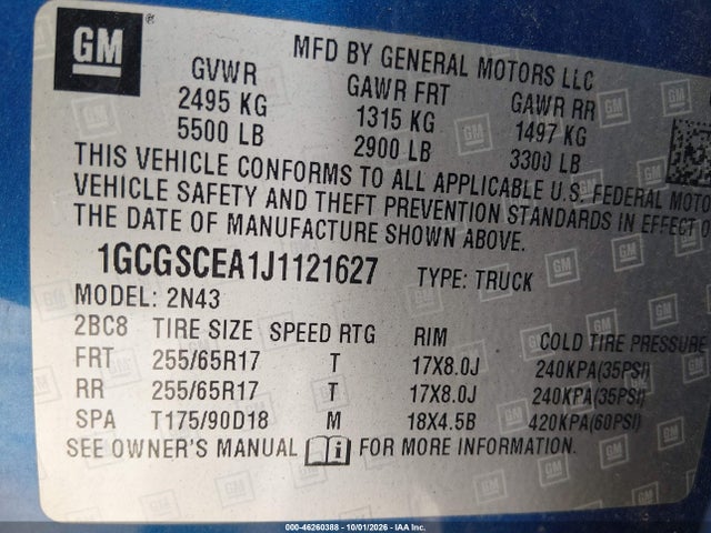 Aukcja sprzedaży 2018 Chevrolet Colorado Lt, vin: 1GCGSCEA1J1121627, numer aukcji: 46260388