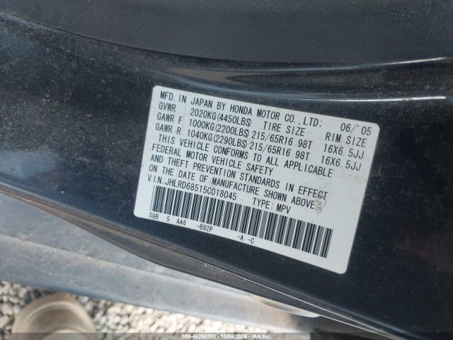 Продажа на аукционе авто 2005 Honda Cr-v Lx, vin: JHLRD68515C018045, номер лота: 46260390