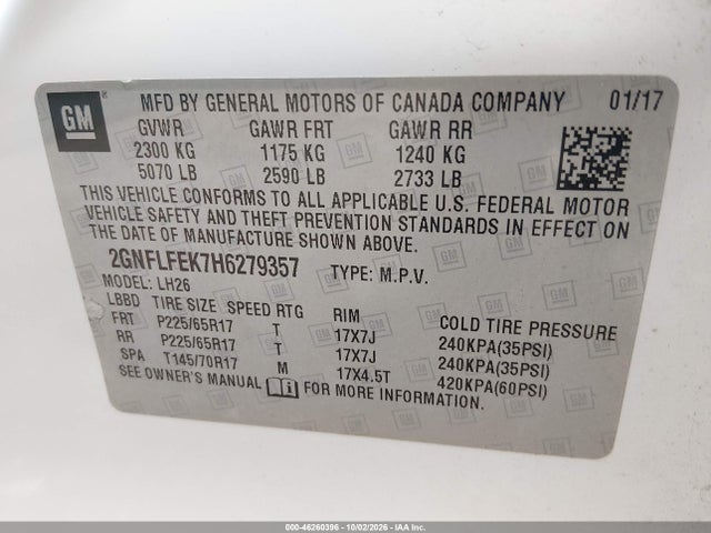 Aukcja sprzedaży 2017 Chevrolet Equinox Lt, vin: 2GNFLFEK7H6279357, numer aukcji: 46260396