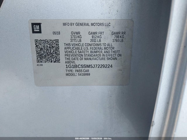 46260399 :رقم المزاد ، 1G1BC5SM5J7229224 vin ، 2018 Chevrolet Cruze Ls Auto مزاد بيع