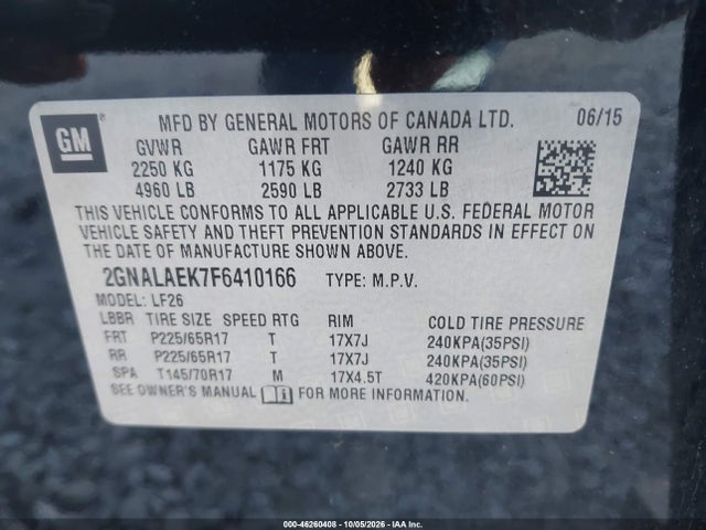 46260408 :رقم المزاد ، 2GNALAEK7F6410166 vin ، 2015 Chevrolet Equinox Ls مزاد بيع