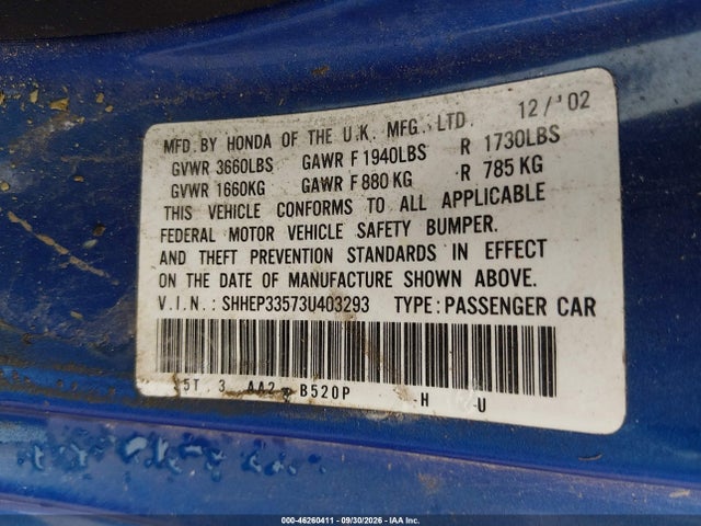 Продаж на аукціоні авто 2003 Honda Civic Si, vin: SHHEP33573U403293, номер лоту: 46260411