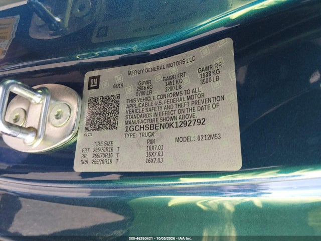 46260421 :رقم المزاد ، 1GCHSBEN0K1292792 vin ، 2019 Chevrolet Colorado Wt مزاد بيع