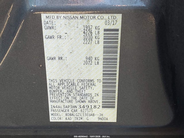 1N4AL3AP3HN349182 Nissan Altima 2.5 S