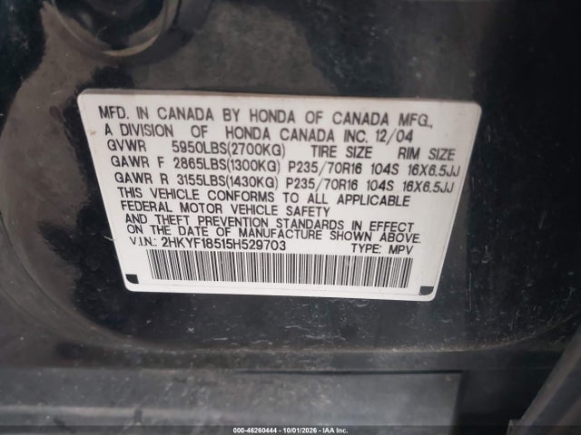 Продаж на аукціоні авто 2005 Honda Pilot Ex-l, vin: 2HKYF18515H529703, номер лоту: 46260444