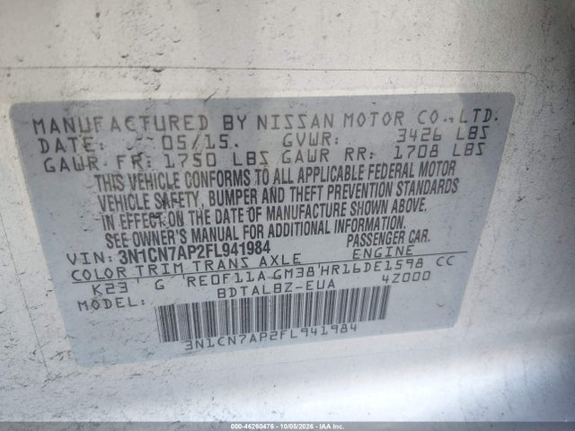 Продаж на аукціоні авто 2015 Nissan Versa 1.6 S/1.6 S+/1.6 Sl/1.6 Sv, vin: 3N1CN7AP2FL941984, номер лоту: 46260476