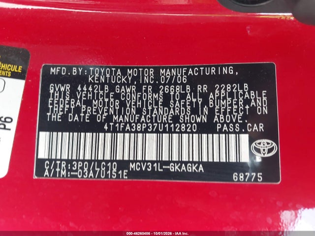 Продаж на аукціоні авто 2007 Toyota Camry Solara Se/sle, vin: 4T1FA38P37U112820, номер лоту: 46260486