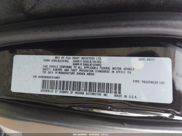 Продажа на аукционе авто 2004 Subaru Outback H6-3.0 L.l. Bean Edition, vin: 4S3BH806347616857, номер лота: 46260500