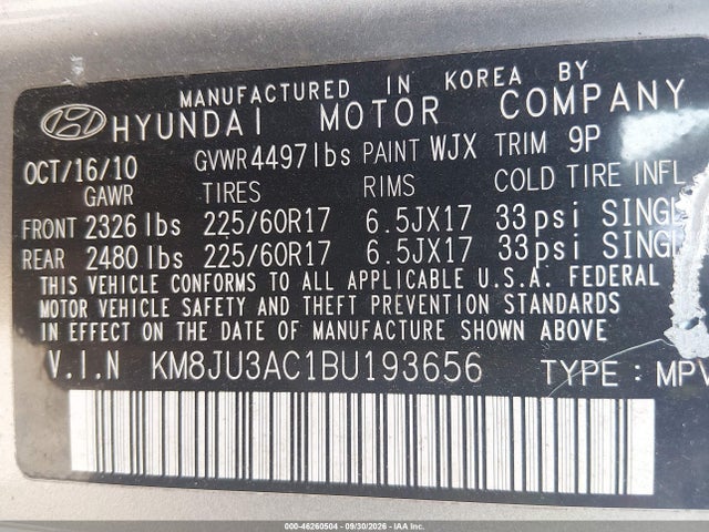 2011 Hyundai Tucson Gls მანქანა იყიდება აუქციონზე, vin: KM8JU3AC1BU193656, აუქციონის ნომერი: 46260504