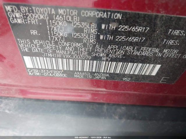 46260507 :رقم المزاد ، JTMH1RFVXKJ003279 vin ، 2019 Toyota Rav4 Le مزاد بيع