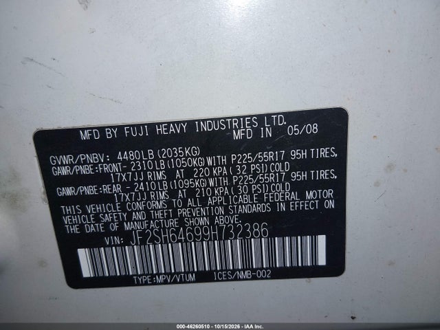 Aukcja sprzedaży 2009 Subaru Forester 2.5x Limited, vin: JF2SH64699H732386, numer aukcji: 46260510