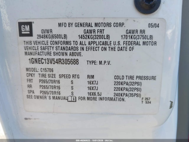 46260523 :رقم المزاد ، 1GNEC13V54R305688 vin ، 2004 Chevrolet Tahoe Ls مزاد بيع