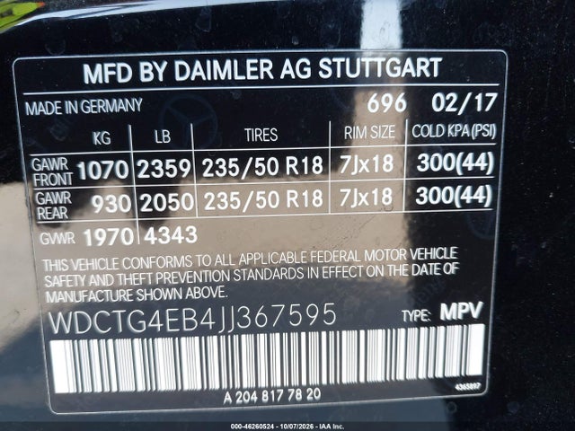 WDCTG4EB4JJ367595 Mercedes-Benz GLA 250