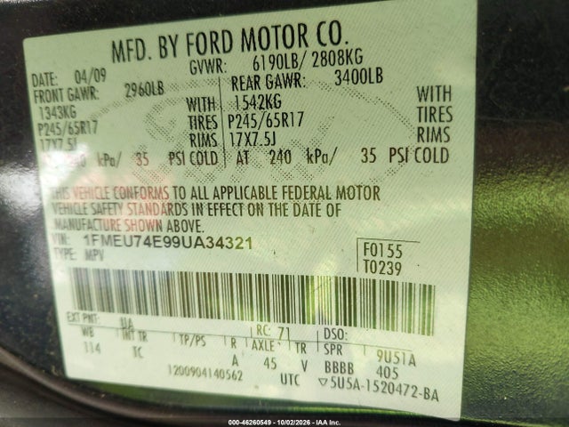 46260549 :رقم المزاد ، 1FMEU74E99UA34321 vin ، 2009 Ford Explorer Eddie Bauer مزاد بيع