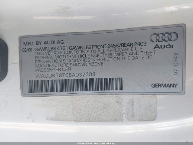 Aukcja sprzedaży 2008 Audi A5 3.2l, vin: WAUDK78T68A032408, numer aukcji: 46260551