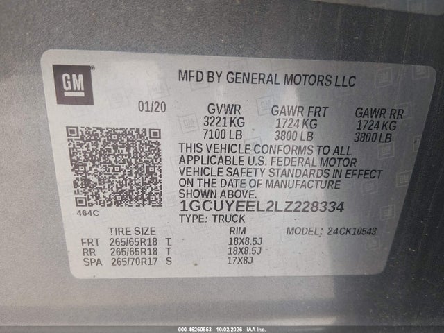 2020 Chevrolet Silverado 1500 4wd  Short Bed Rst მანქანა იყიდება აუქციონზე, vin: 1GCUYEEL2LZ228334, აუქციონის ნომერი: 46260553