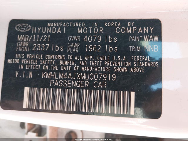 46260559 :رقم المزاد ، KMHLM4AJXMU007919 vin ، 2021 Hyundai Elantra Hybrid Blue مزاد بيع
