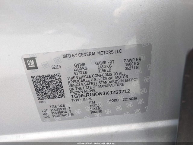 Aukcja sprzedaży 2019 Chevrolet Traverse 1lt, vin: 1GNERGKW3KJ253212, numer aukcji: 46260597