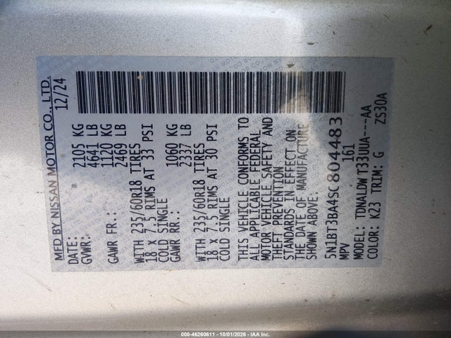 Продаж на аукціоні авто 2025 Nissan Rogue Sv Fwd, vin: 5N1BT3BA4SC804483, номер лоту: 46260611
