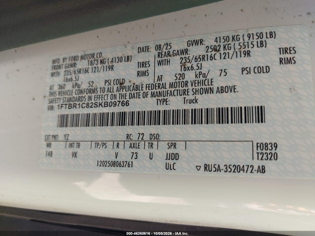 46260616 :رقم المزاد ، 1FTBR1C82SKB09766 vin ، 2025 Ford Transit-250 مزاد بيع