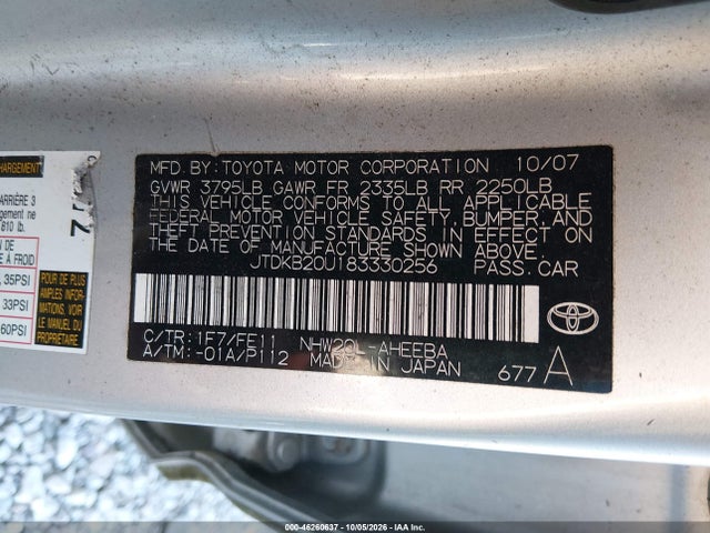 Aukcja sprzedaży 2008 Toyota Prius, vin: JTDKB20U183330256, numer aukcji: 46260637