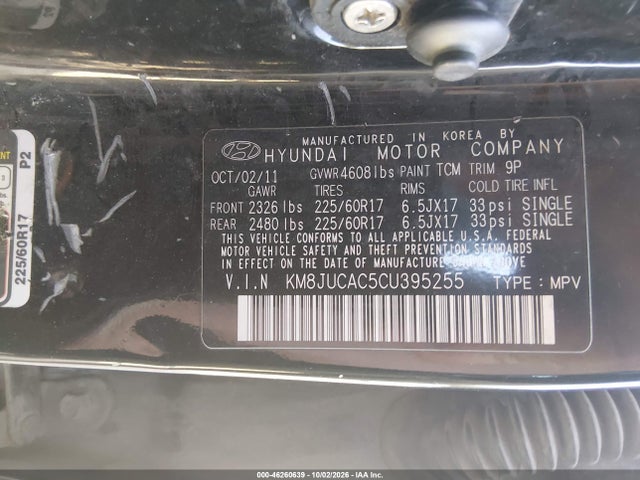 Продажа на аукционе авто 2012 Hyundai Tucson Gls, vin: KM8JUCAC5CU395255, номер лота: 46260639