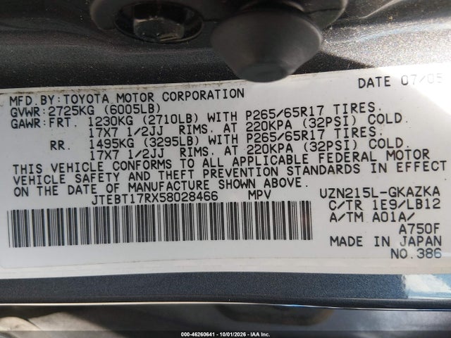 Aukcja sprzedaży 2005 Toyota 4runner Limited V8, vin: JTEBT17RX58028466, numer aukcji: 46260641