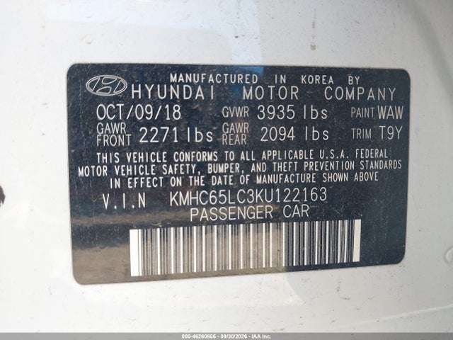 Продаж на аукціоні авто 2019 Hyundai Ioniq Hybrid Blue, vin: KMHC65LC3KU122163, номер лоту: 46260666
